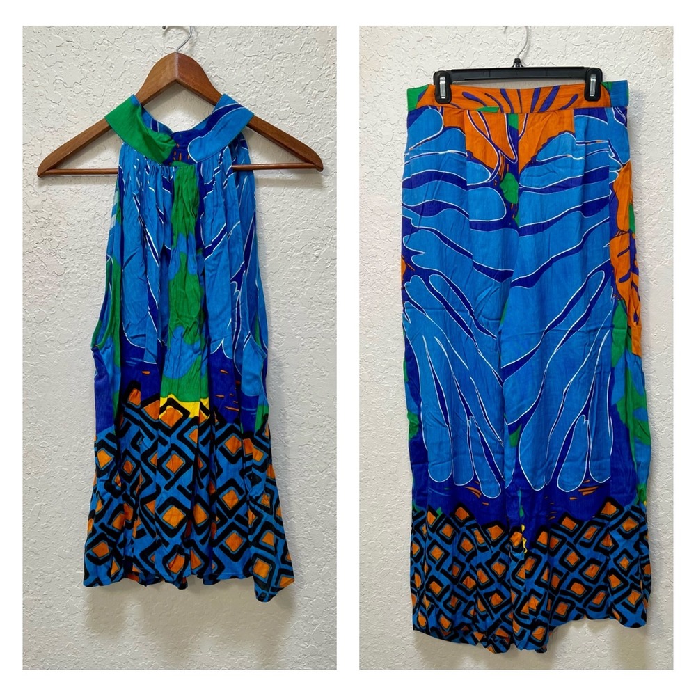 Passports Womens XL 2 Piece Set Tropical Abstract Halter Top Wide Leg Pants Blue